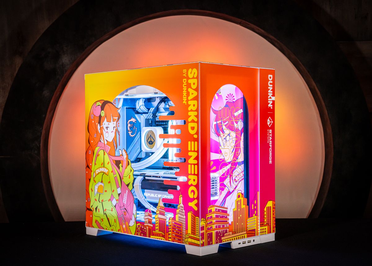 Dunkin's themed PC covered in anime girls.
