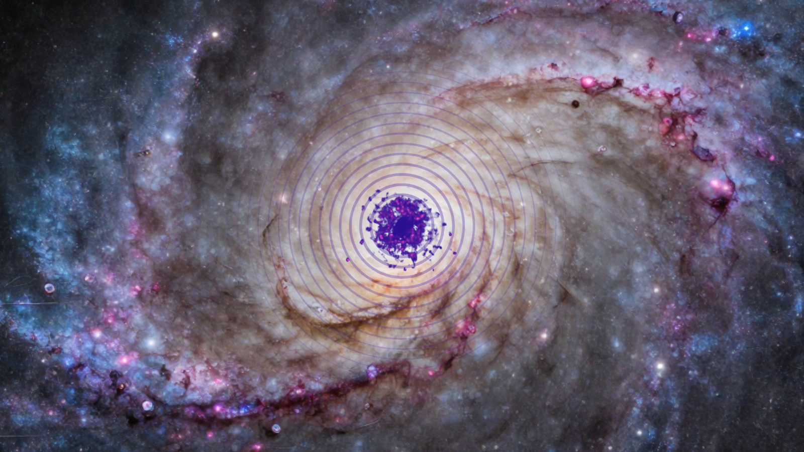 Purple blobs in the center of the screen are surrounded by the spiral arms of a purple and blue galaxy.