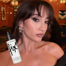 An image of WWW associate beauty editor Alyssa Brascia attending the 2026 Grammys with long-lasting makeup products overlaid.