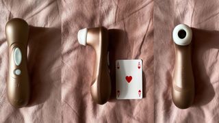 Satisfyer Pro 2 Air Pulse Stimulator from all angles with ace of hearts playing card next to it to illustrate size