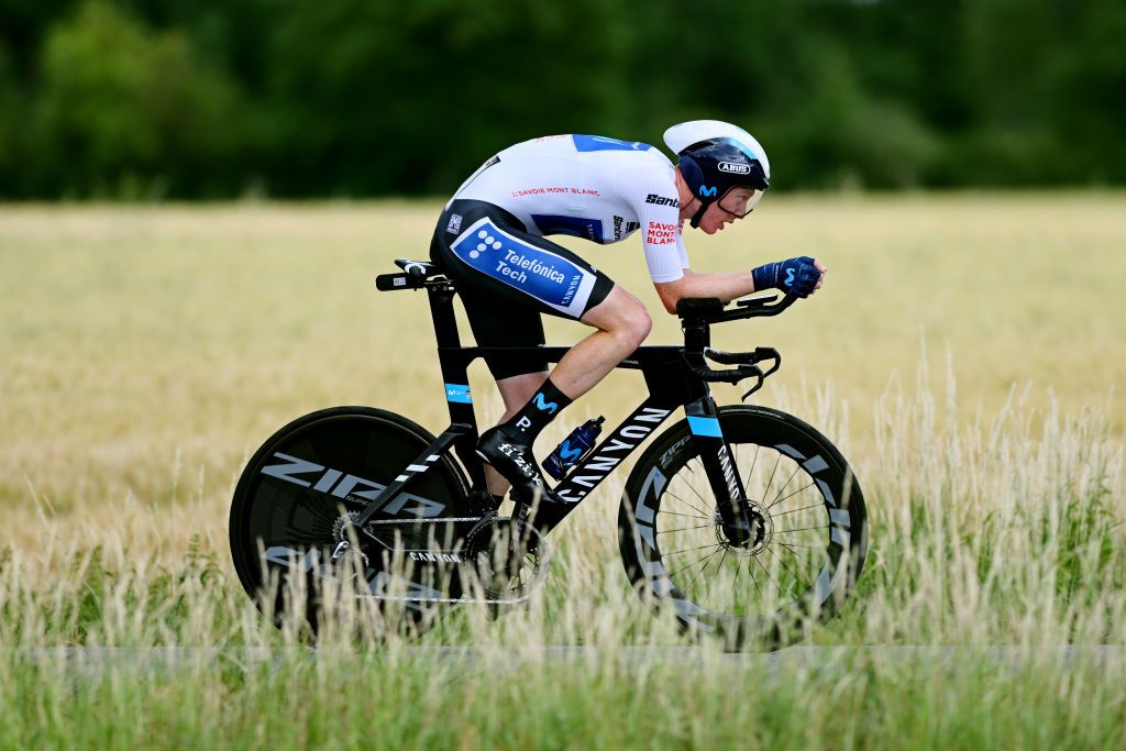 LA BATIE DURFE FRANCE JUNE 08 Matteo Jorgenson of United States and Movistar Team White Best Young Rider Jersey sprints during the 74th Criterium du Dauphine 2022 Stage 4 a 319km individual time trial from Montbrison to La Btie dUrf WorldTour Dauphin on June 08 2022 in La Batie dUrfe France Photo by Dario BelingheriGetty Images