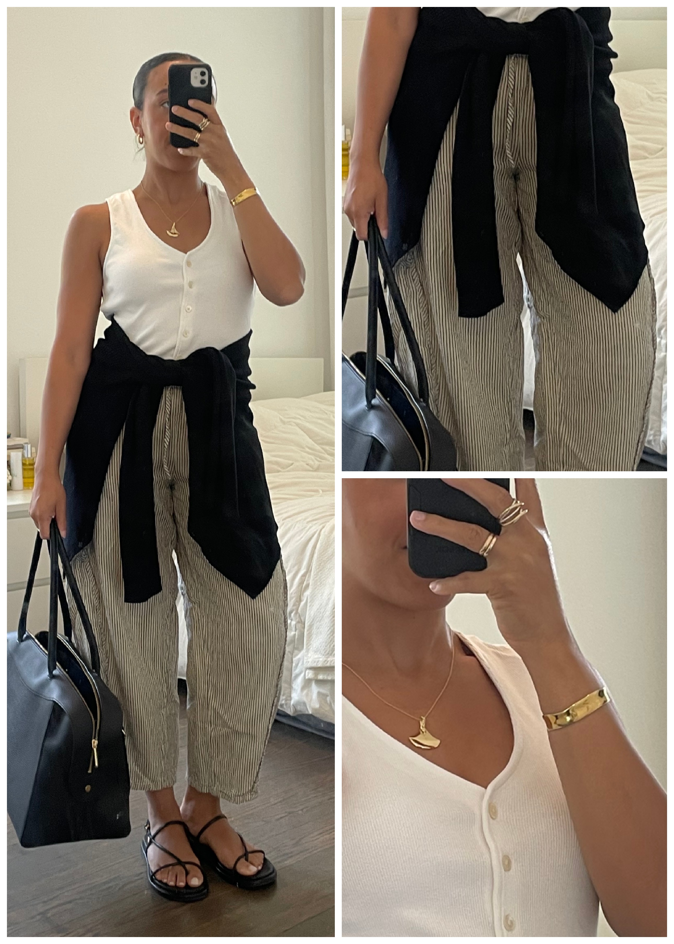 Lauren Tappan wearing a white shirt, striped pants, and sandals