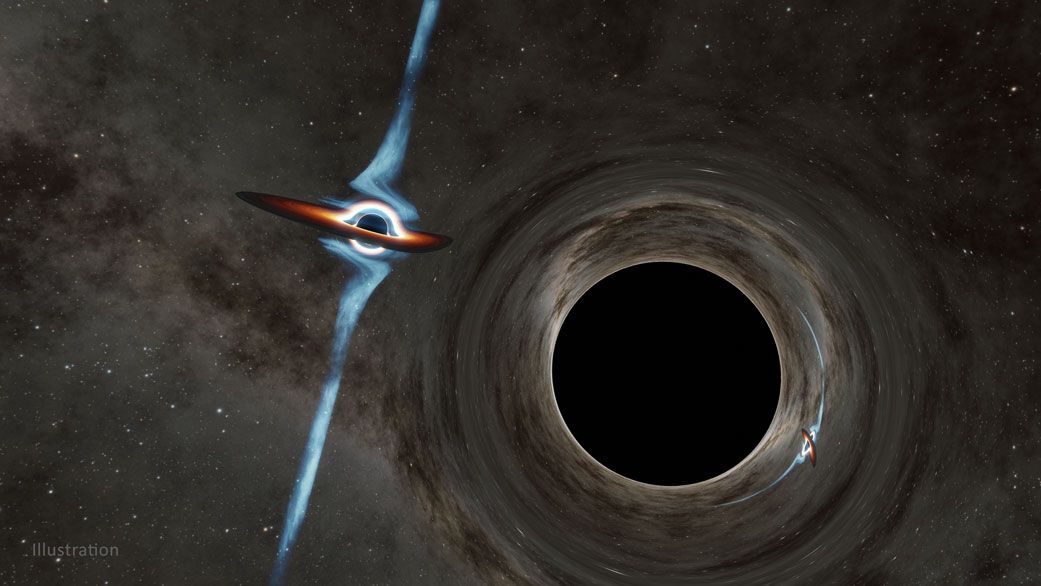 An artist&#039;s rendering of the binary black holes, slowly spiraling toward a space-shaking merger.