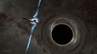 An artist's rendering of the binary black holes, slowly spiraling toward a space-shaking merger.