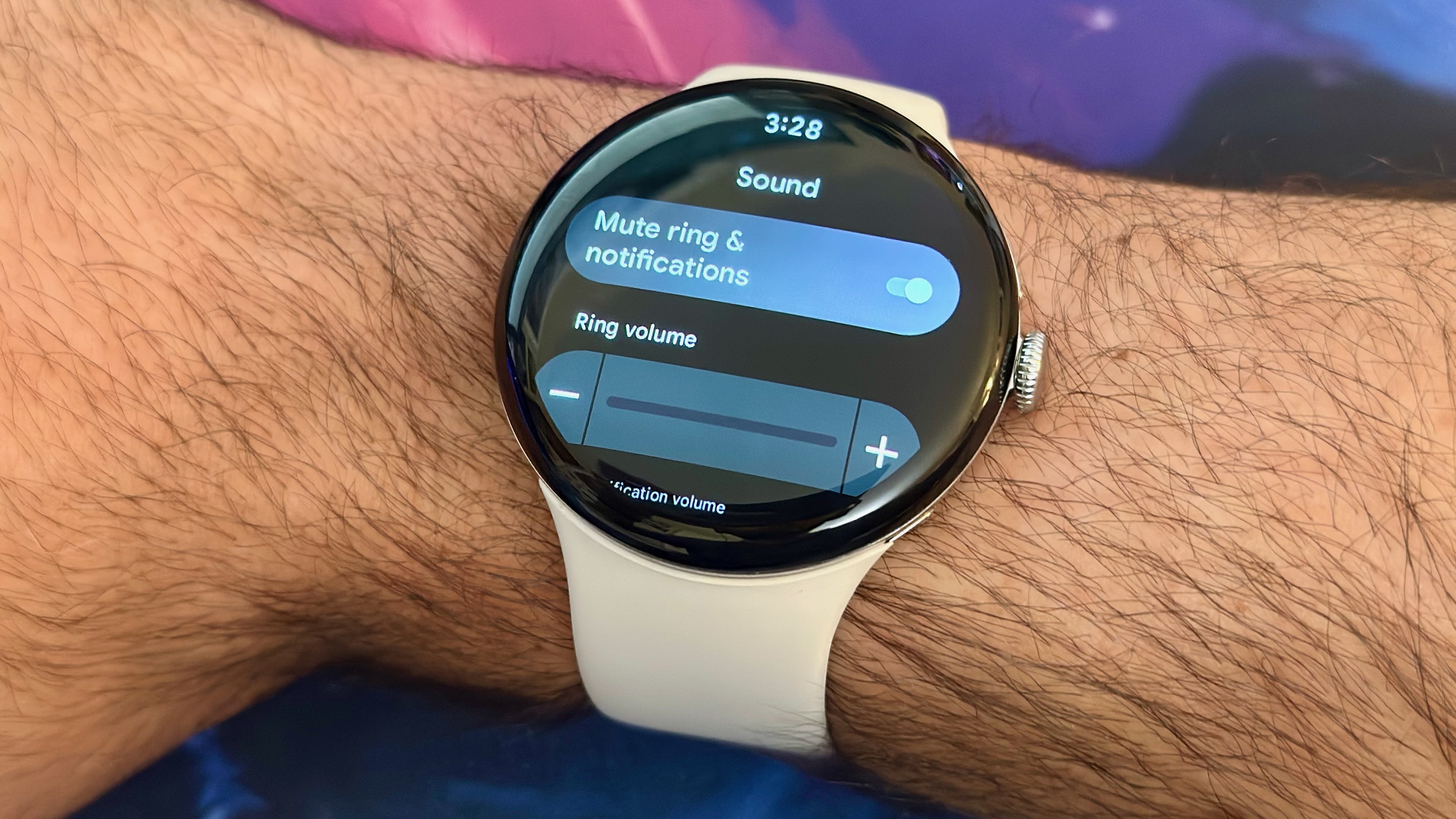 A photo of the Google Pixel Watch 4 on a wrist, showing the Sound settings menu with the option to "Mute ring &amp;amp; notifications."