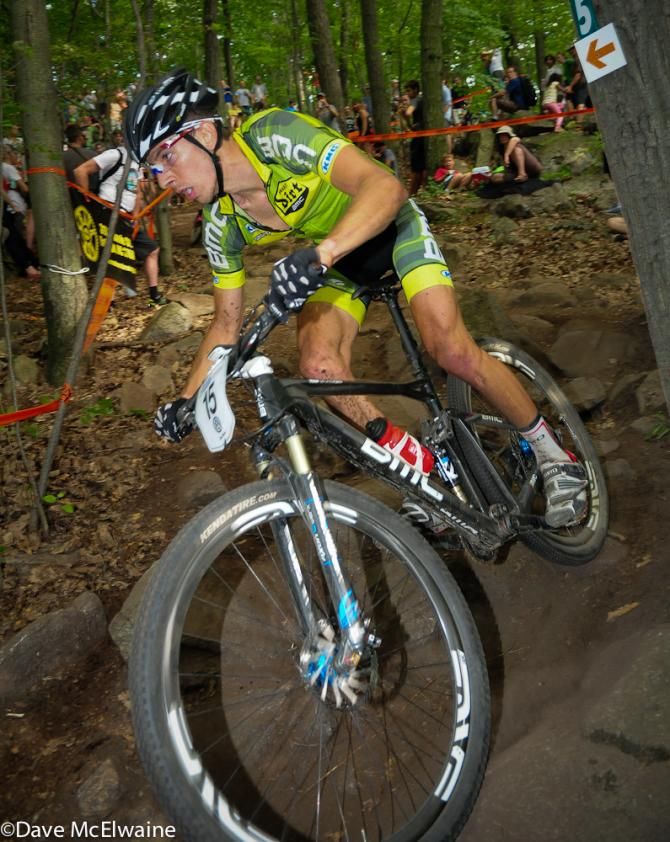 Kerry Werner (BMC) riding a rock garden near the top of the course