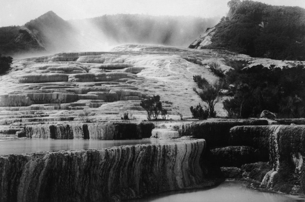 The Pink and White Terraces at Lake Rotomahana near Rotorua, New Zealand, circa 1880.