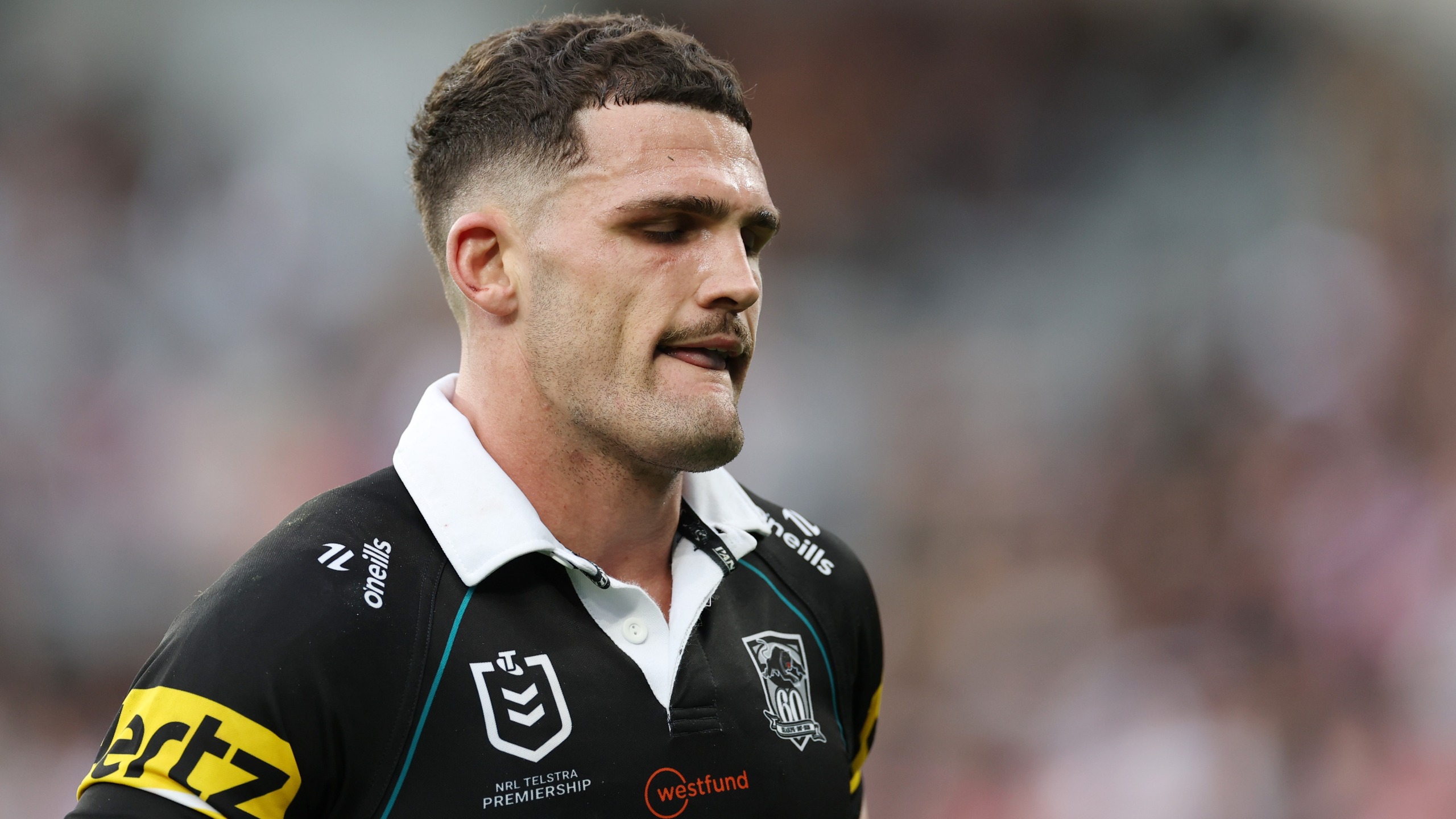 Nathan Cleary of the Panthers is sent to the sin-bin during NRL Qualifying Final match between the Penrith Panthers and Sydney Roosters at CommBank Stadium on September 13, 2026, in Sydney, Australia.