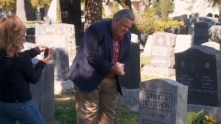Leslie Knope (Amy Poehler) with Jerry (Jim O'Heir) at cemetery in Parks and Recreation