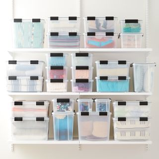 weathertight totes stacked on shelves