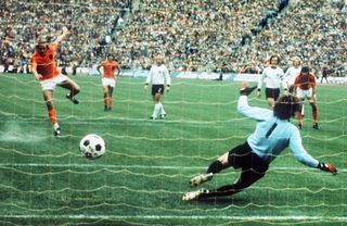 Johan Neeskens scores a penalty for the Netherlands against West Germany in the 1974 World Cup final.