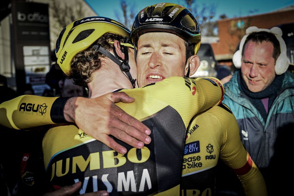 Belgian Tiesj Benoot of JumboVisma celebrates after winning the KuurneBrusselsKuurne one day cycling race 193 km from Kuurne to Kuurne via Brussels in Kuurne on February 26 2023 Photo by JASPER JACOBS Belga AFP Belgium OUT Photo by JASPER JACOBSBelgaAFP via Getty Images