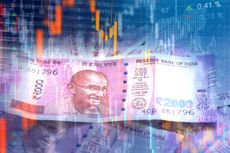 Indian currency on virtual interface of stock market data