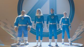 Ebon Moss-Bachrach, Vanessa Kirby, Pedro Pascal and Joseph Quinn in The Fantastic Four: First Steps