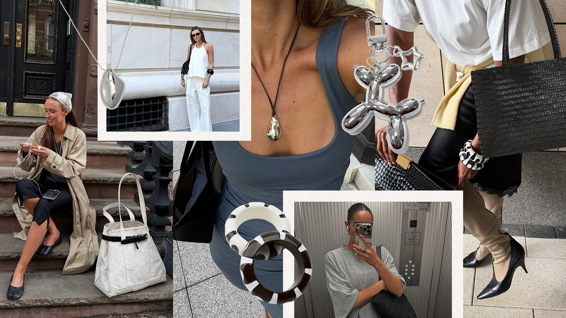 A collage of influencer Makenna wearing capris, a trench coat, and a lace headscarf. A silver pendant necklace from Banana Republic. A silver keychain from Amazon. Influencer Coco Schiffer is wearing an all white outfit and black sunglasses. Black and white bangles from Zara. Influencer Adenorah is wearing a silver pendant necklace. Influencer Selena is wearing a gray oversized tee and a black woven tote. A woven leather Madewell tote from Nordstrom. Influencer Marilyn is wearing a black slip skirt, a white oversized tee, and black and white bangles.