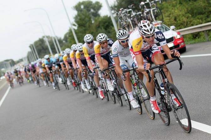 Lotto Belisol lines out the peloton in pursuit of the break