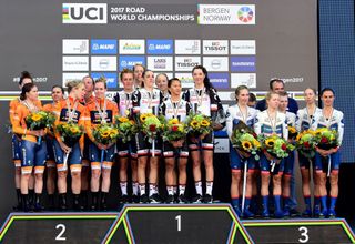 The final podium for the 2017 women's team time trial at the Bergen World Championships