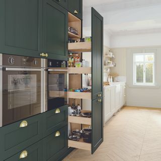 green kitchen larger unit with spaces near oven