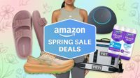 Compilation showing Cushionaire sandals, Asics running shoes, Adidas gym kit, Amazon smart speaker, Yeti cooler, Swiffer cleaning supplies