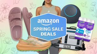 Compilation showing Cushionaire sandals, Asics running shoes, Adidas gym kit, Amazon smart speaker, Yeti cooler, Swiffer cleaning supplies