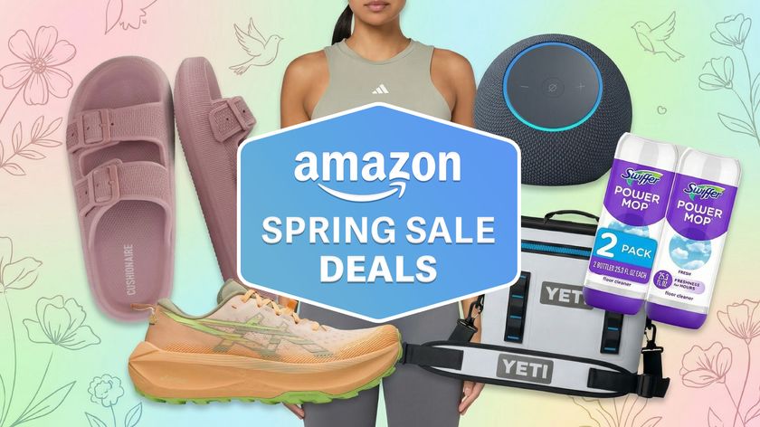 Compilation showing Cushionaire sandals, Asics running shoes, Adidas gym kit, Amazon smart speaker, Yeti cooler, Swiffer cleaning supplies