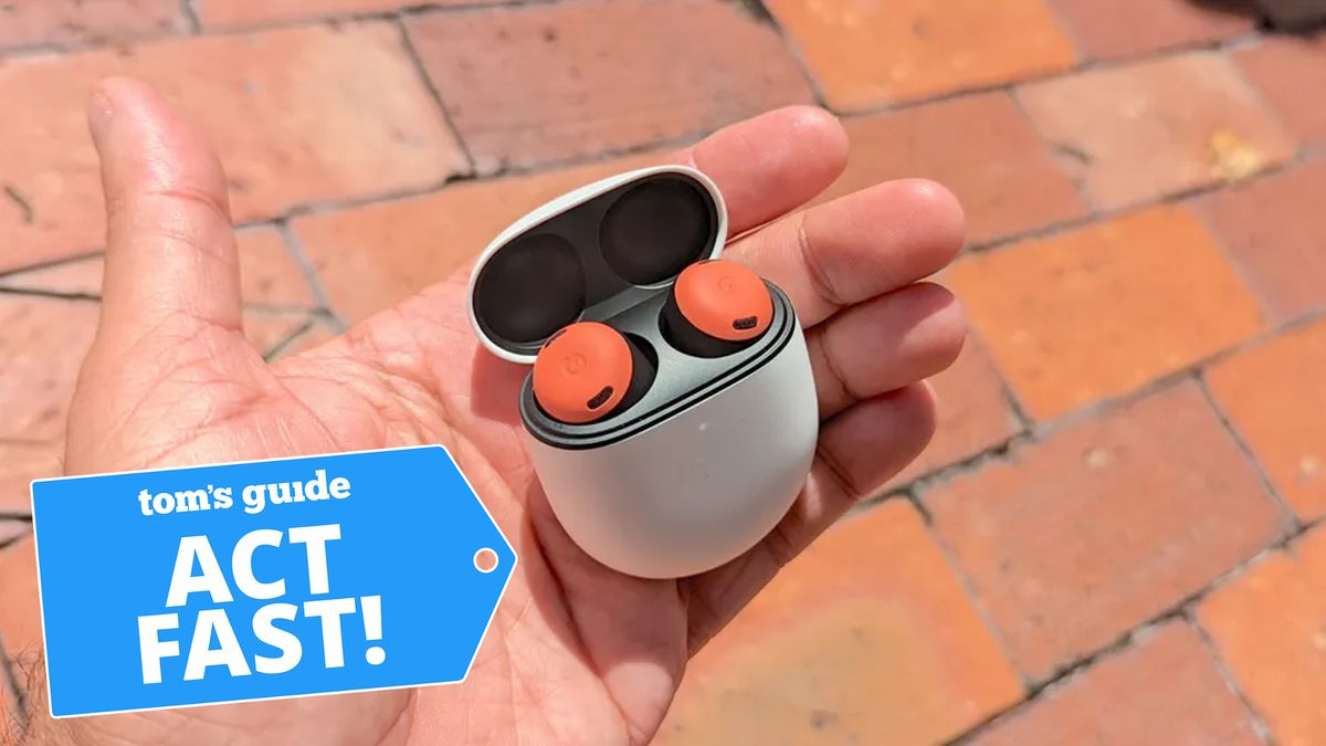 Pixel Buds Pro held in the hand with case.