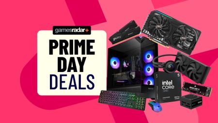 An assortment of gaming PC components on a GamesRadar+ Prime Day Deals background