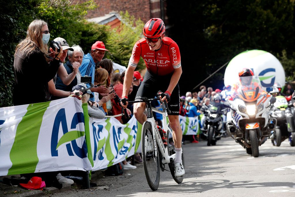 HUY BELGIUM APRIL 20 Simon Guglielmi of France and Team Arka Samsic competes passing through the Wall of Geraardsbergen Mur de Huy 204m during the 25th La Flche Wallonne 2022 Womens Elite a 1334km one day race from Huy to Mur de Huy FlecheWallonne FWwomen on April 20 2022 in Huy Belgium Photo by Bas CzerwinskiGetty Images