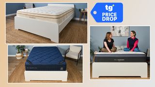 A collage of mattresses in our Tom's Guide Sleep Lab: Top left, the Saatva Classic. Top right, a TOm's Guide price drop deals badge. Bottom right: two mattress tester sit on the Helix Midnight luxe. Bottom left: the DreamCloud Ultra Hybrid mattress.