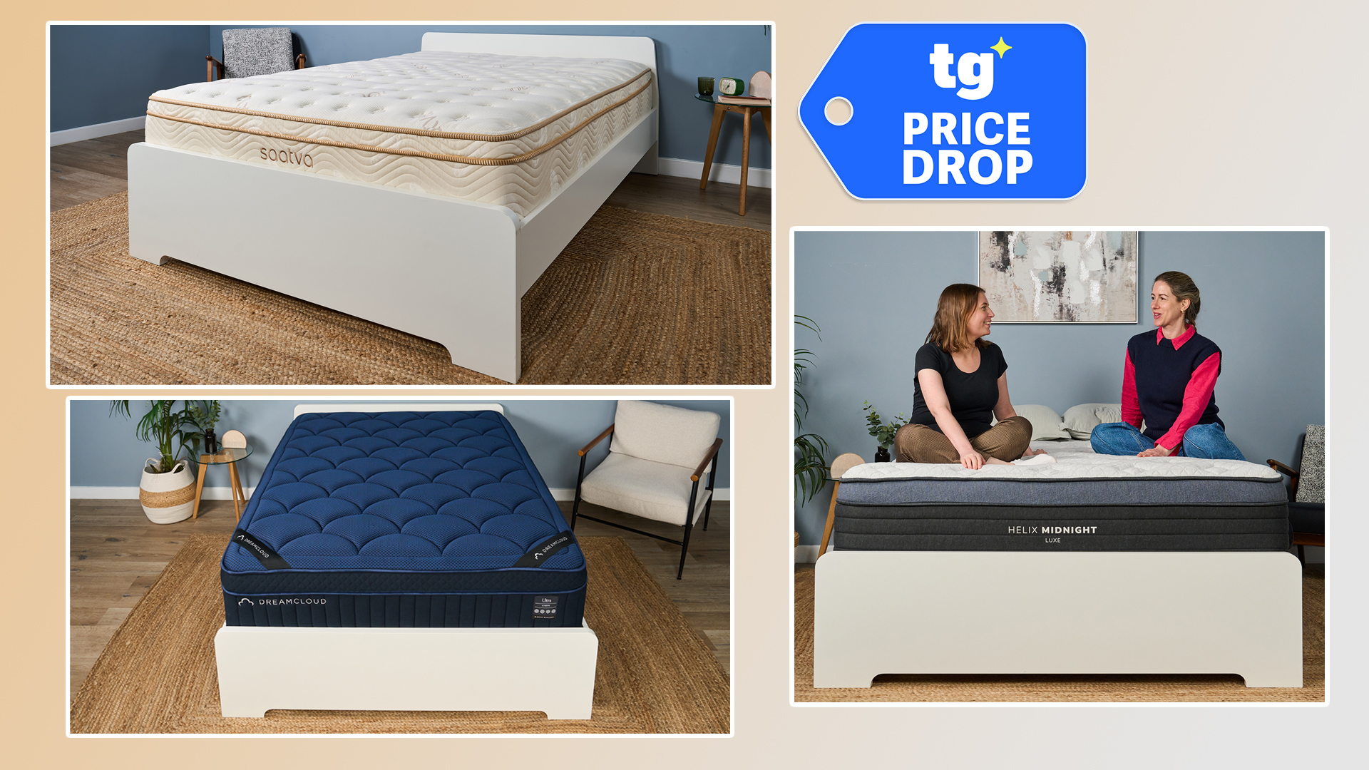 A collage of mattresses in our Tom's Guide Sleep Lab: Top left, the Saatva Classic. Top right, a TOm's Guide price drop deals badge. Bottom right: two mattress tester sit on the Helix Midnight luxe. Bottom left: the DreamCloud Ultra Hybrid mattress.