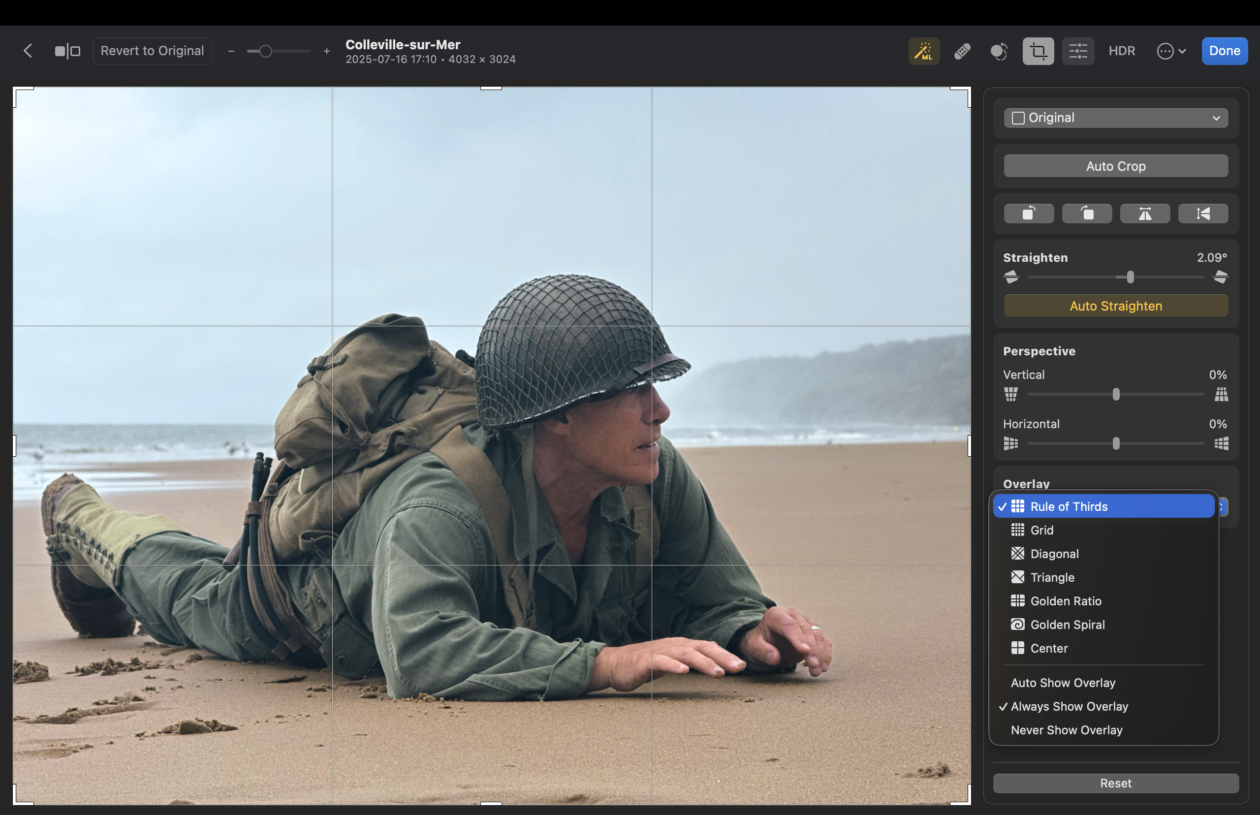 Shot of the Crop window, featuring a collection of overlays such as Rule of Thirds and Golden Ratio. The shot has been automatically rotated by 2.09&amp;deg; to counteract a tilted horizon.