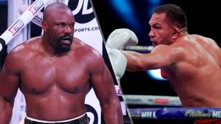 (L to R) Derek Chisora stares down an opponent and Kubrat Pulev throws a punch