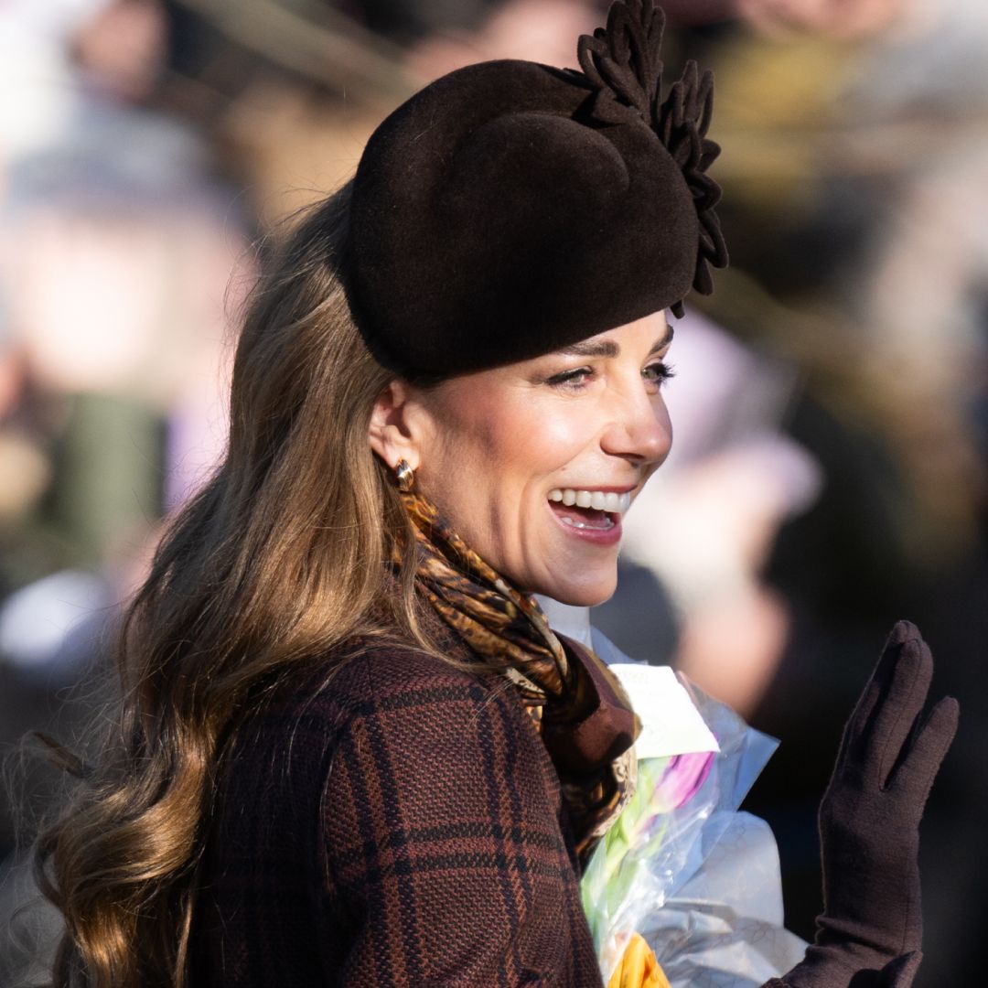 Kate Middleton wearing a plaid coat and brown hat on Christmas Day in Sandringham 2025
