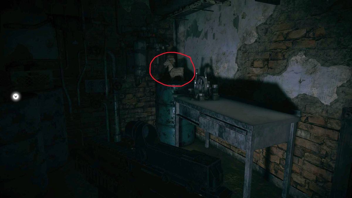 Edited in-game screenshot of a Goat of Warding in Resident Evil Village