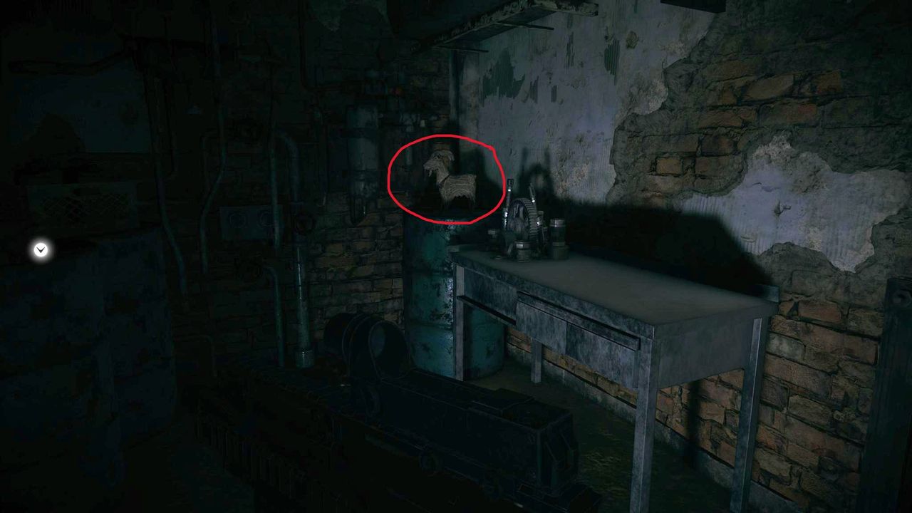Edited in-game screenshot of a Goat of Warding in Resident Evil Village