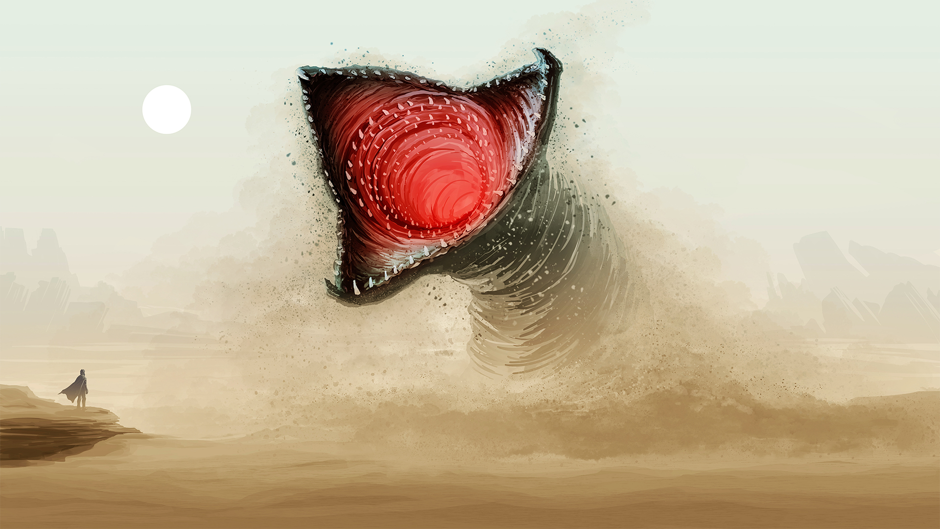 Dune Shai-Hulud concept image showing man standing on rock with giant sandworm breaching out of the sand. 