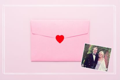 A pink envelope sealed with a red heart-shaped sticker and a photo of the writer and her husband