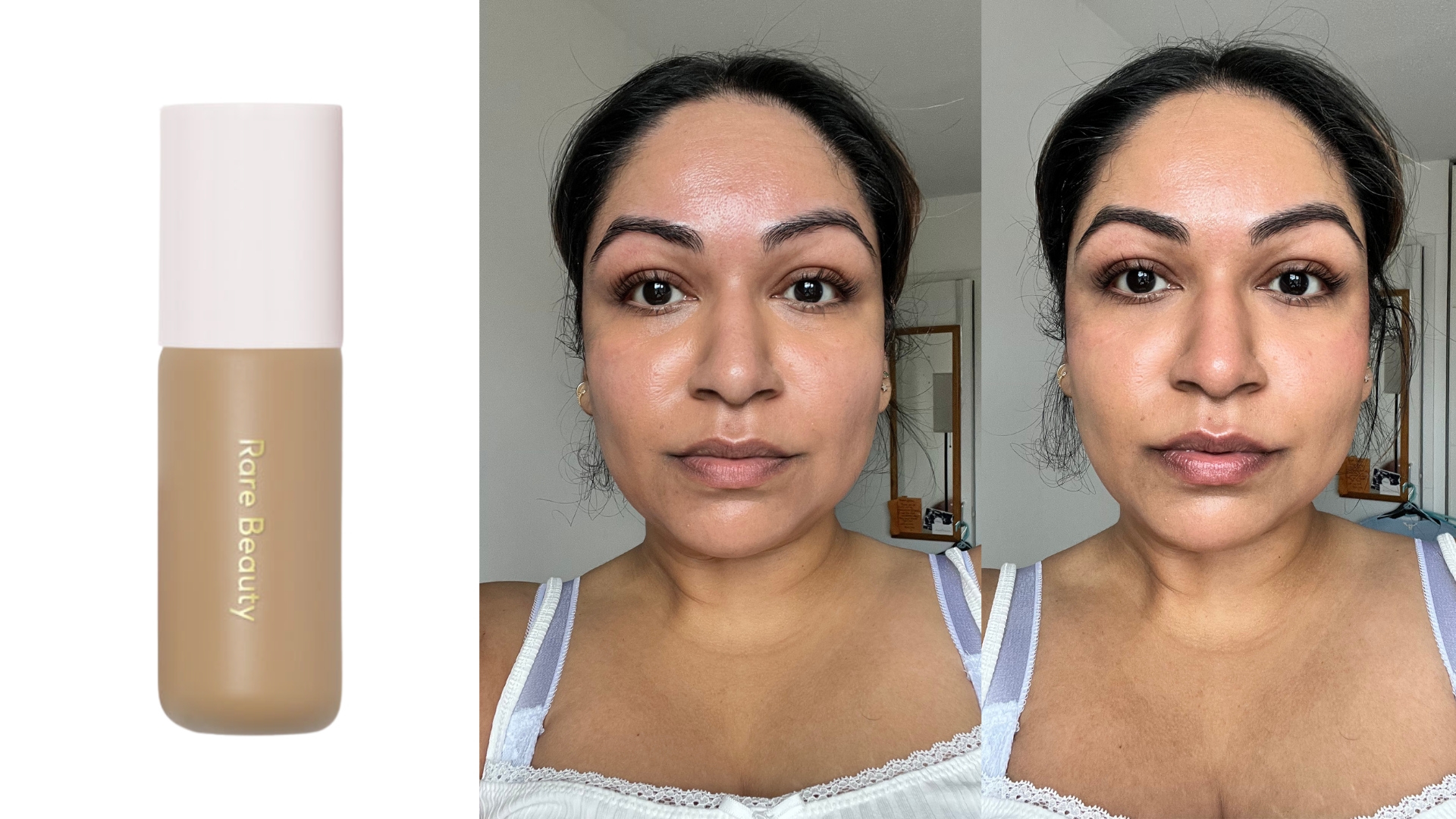On the left is a product shot of the Rare Beauty Positive Light Tinted Moisturiser Broad Spectrum SPF 20 on a white background, followed by before and after pictures of Digital Beauty Ecomm Editor, Aleesha Badkar, first without makeup and then wearing the Rare Beauty Positive Light Tinted Moisturiser, along with a full face of makeup.