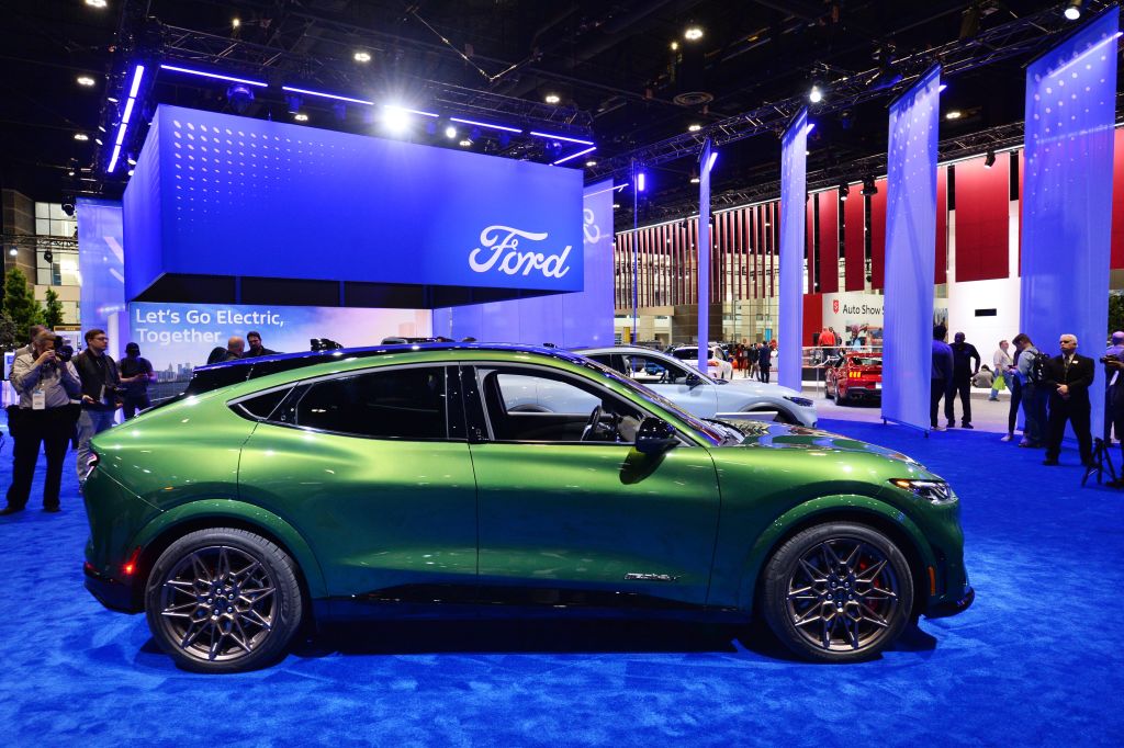 A Ford Mustang Mach-E on display at the Chicago Auto Show