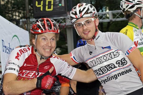 Jonny Sundt (Kenda Pro Cycling p/b Geargrinder) and USA Crits young rider leader Isaac Howe (Team Mountain Khakis f/b Jittery Joes) strike a pose on the start line.