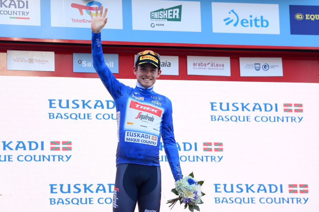 SANTURTZI SPAIN APRIL 06 Mattias Skjelmose of Denmark and Team TrekSegafredo Blue Best Young Rider Jersey celebrates at podium during the 62nd Itzulia Basque Country Stage 4 a 1757km stage from Santurtzi to Santurtzi UCIWT on April 06 2023 in Santurtzi Spain Photo by David RamosGetty Images
