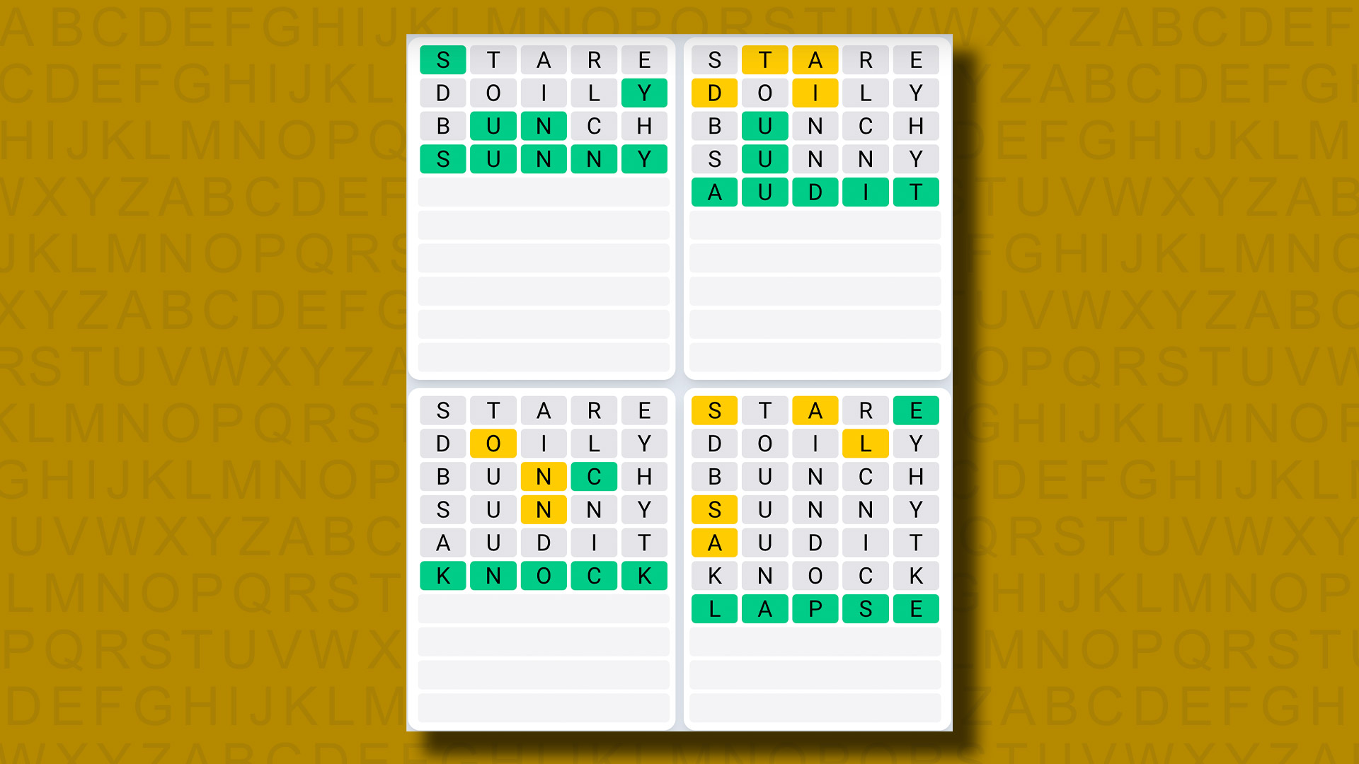 Quordle Daily Sequence Answers for Game 968 on a yellow background