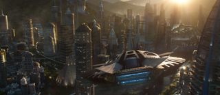 Film still from Black Panther, showing a view of Wakanda, which has been said to be at least partially inspired by the architecture of Zaha Hadid