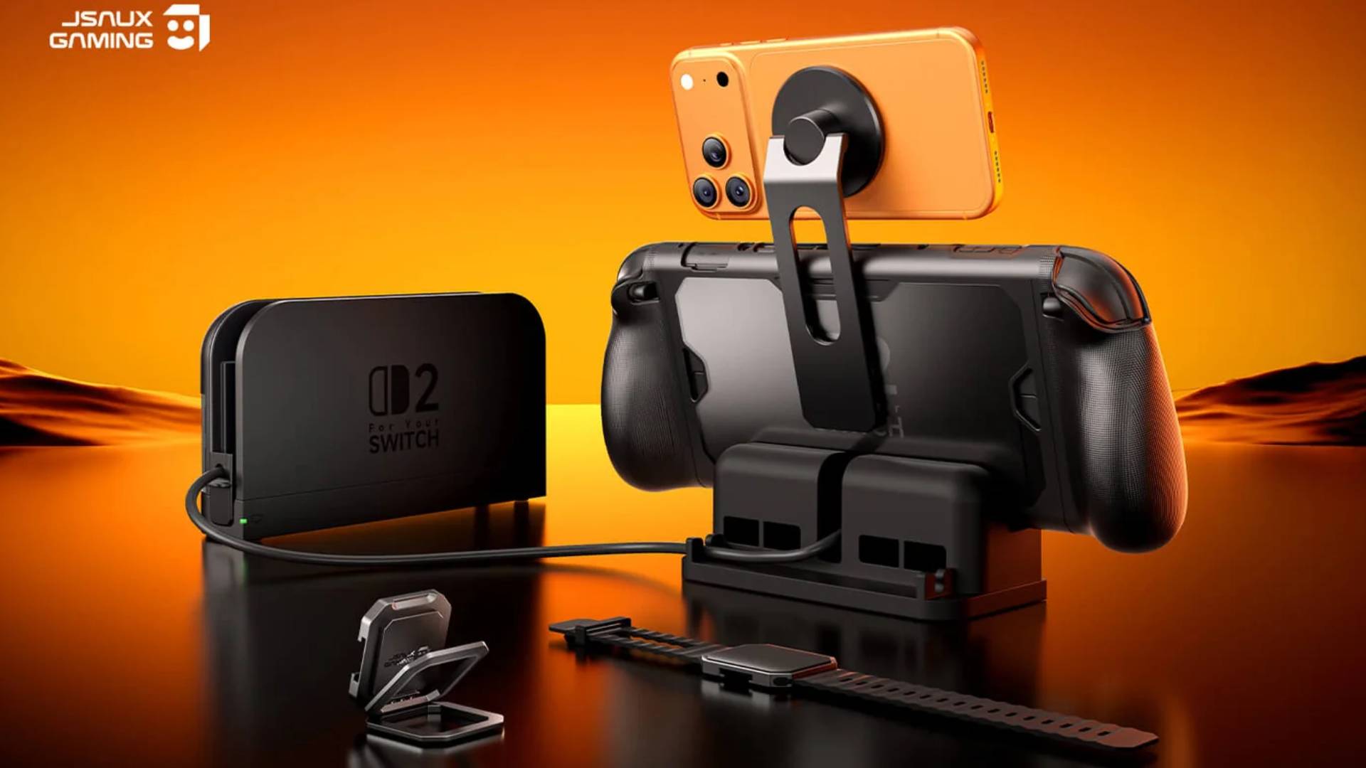 Official product image of the Ultimate Kit for the JSAUX ModCase for Switch 2 sitting on an orange-lit table.
