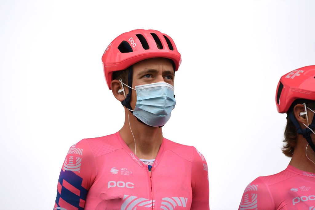 CIUDADRODRIGO SPAIN NOVEMBER 06 Start Hugh Carthy of The United Kingdom and Team EF Pro Cycling Mask Covid safety measures Team Presentation Salamanca City during the 75th Tour of Spain 2020 Stage 16 a 162km stage from Salamanca to Ciudad Rodrigo lavuelta LaVuelta20 La Vuelta on November 06 2020 in Ciudad Rodrigo Spain Photo by David RamosGetty Images