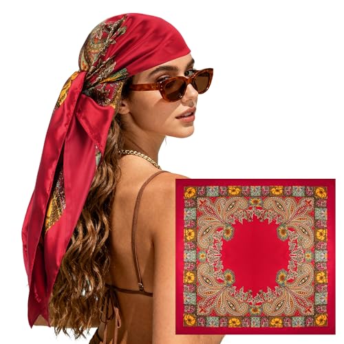 Vylxuxa Large Square Head Scarf Bandana - 35" Satin Hair Scarf for Women Like Silk Scarf Fashion Printed Red Head Scarves for Hair Wrapping