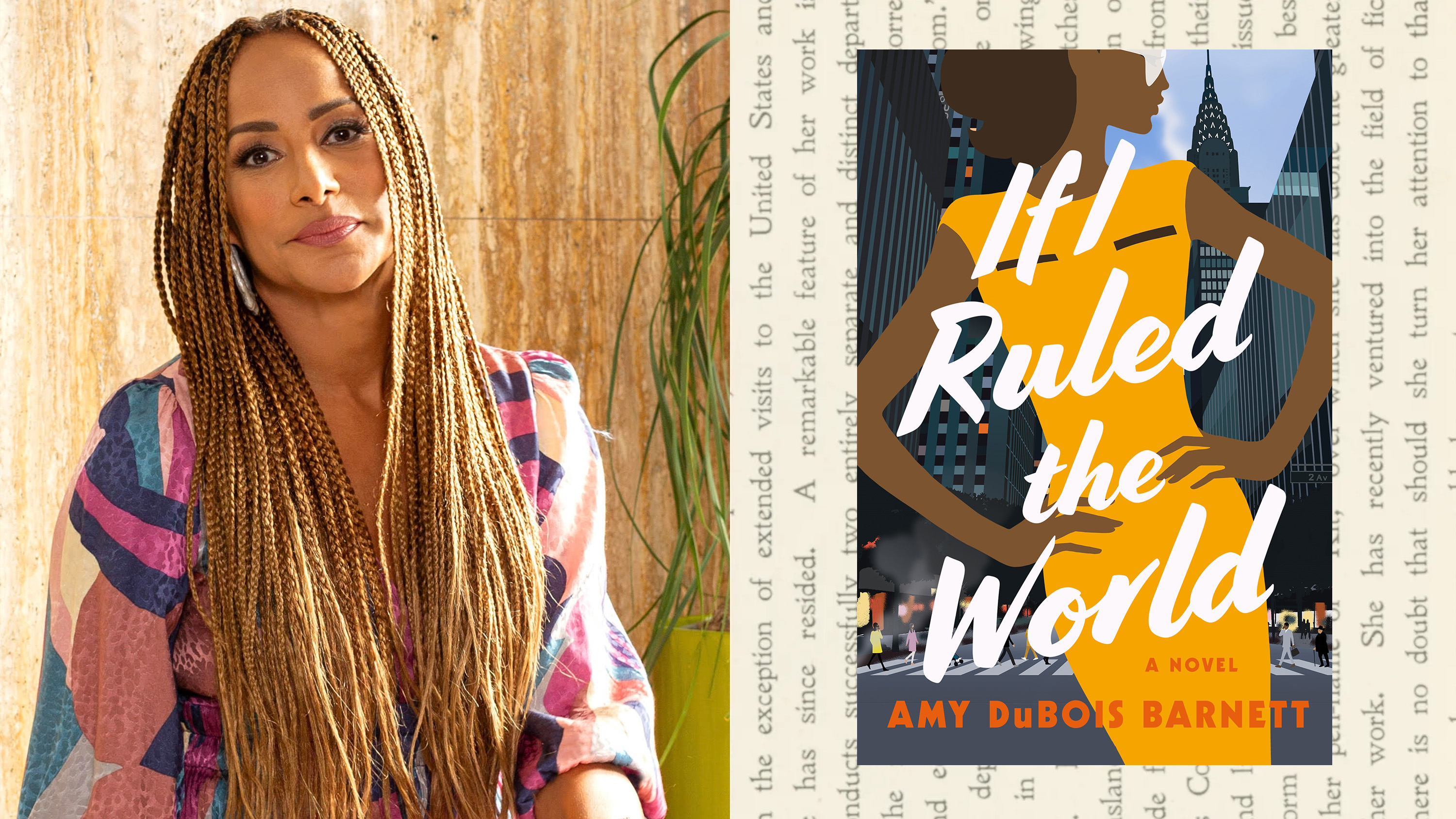 a headshot of author and editor amy dubois barnett wearing a colorful dress opposite the cover of her book featuring a woman in a yellow dress with her hands on her hips standing in a new york city street