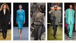 runway models wearing suits by Bottega Veneta, Huishan Zhang, Rokh, Saint Laurent, Roksanda