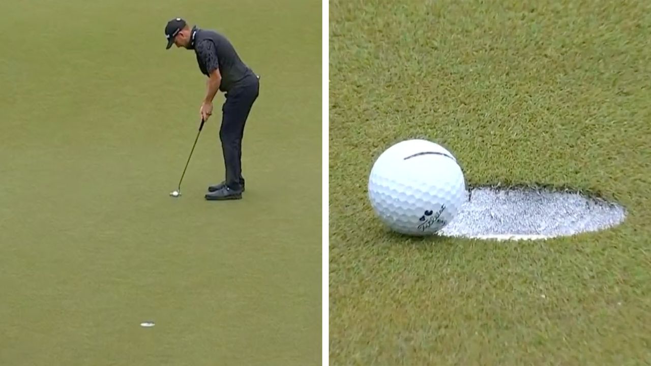 Screenshots of video showing Lee Hodges&#039; putt at the PGA Championship