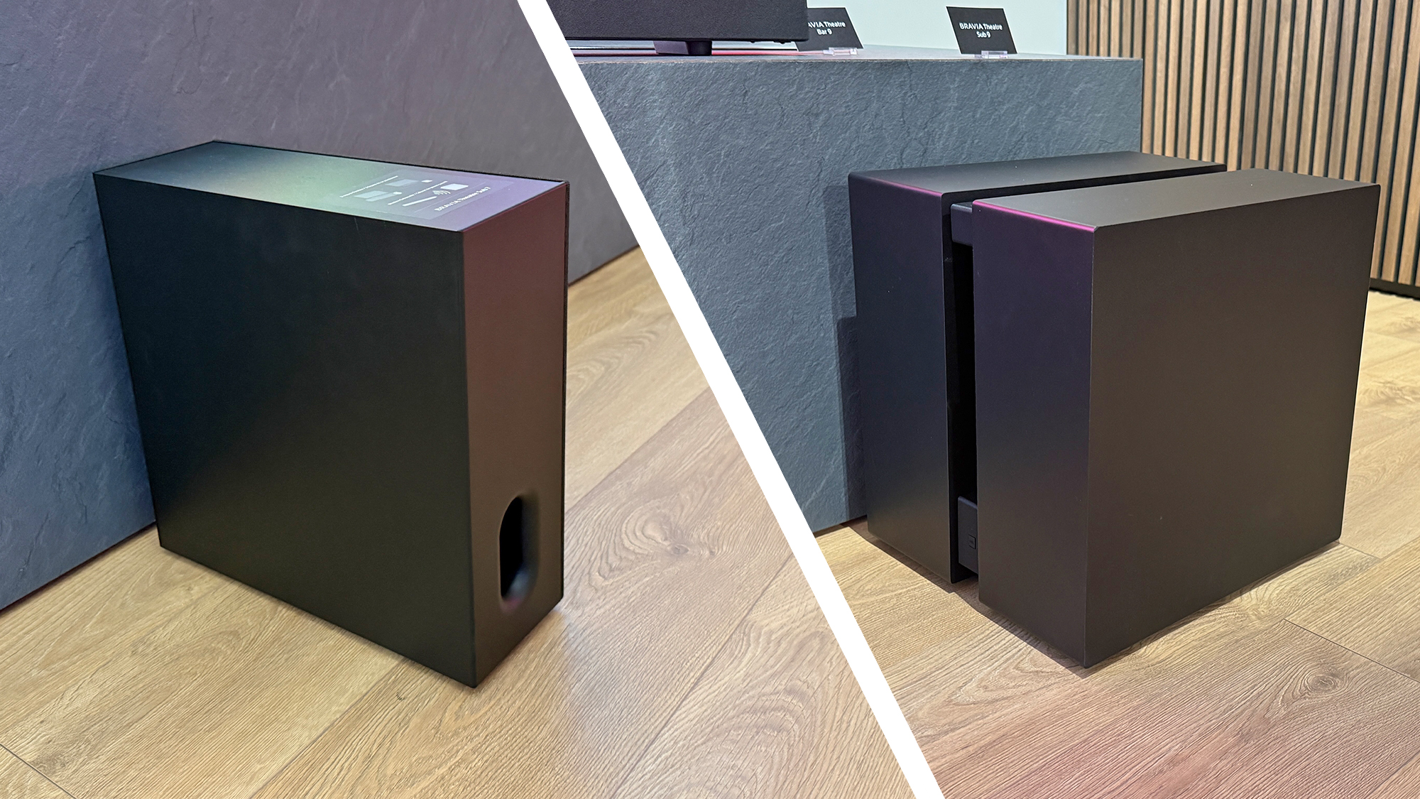 The Sony Bravia Sub 8 and Sub 9, showing that the Sub 9 is about twice the size of the Sub 8
